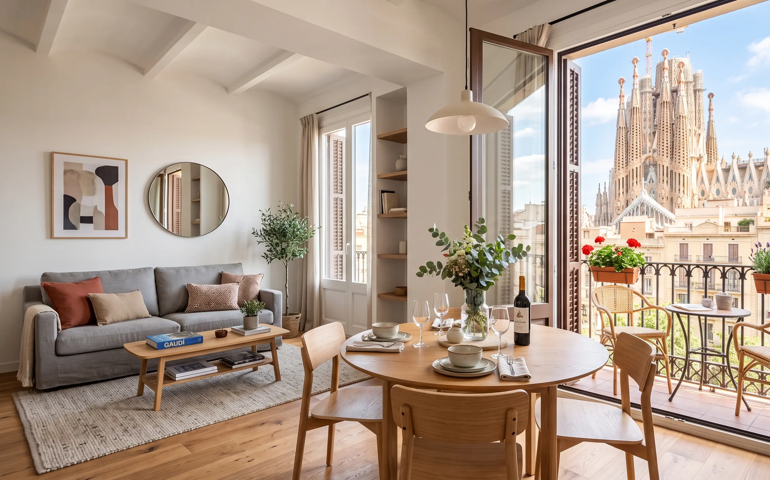 Se muestra el interior de un apartamento moderno, luminoso y elegantemente amueblado, enfocado hacia unas grandes puertas dobles abiertas que dan a un balcón. En el balcón hay una mesa y sillas de exterior, enmarcando una vista directa e impresionante de la basílica de la Sagrada Familia bajo un cielo azul. En el interior, se aprecia un salón con un sofá gris, cojines cálidos, y una mesa de centro de madera con un libro titulado "Gaudí". En primer plano, hay una mesa de comedor redonda de madera preparada con platos y copas. Esta fotografía es representativa de un anuncio de venta piso en Sagrada Familia promocionado por Inmobiliaria Don Casa.