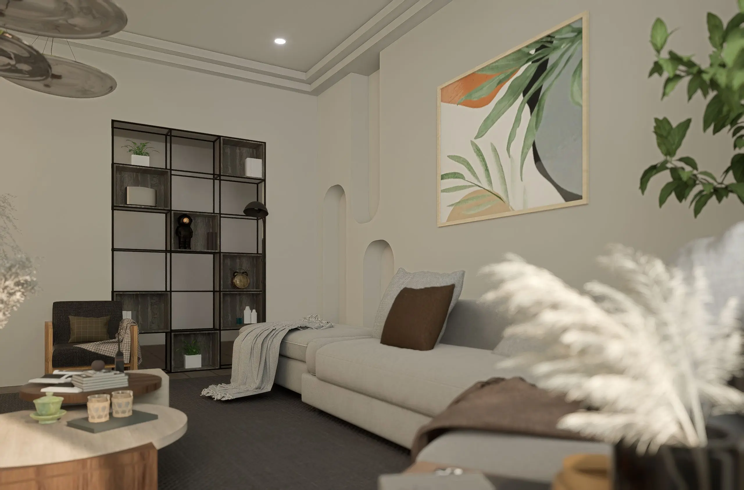 Salón contemporáneo de tonos neutros con sofá beige modular, estantería encastrada, cuadro botánico e iluminación cálida para vende piso San Martí con Don Casa Inmobiliaria.